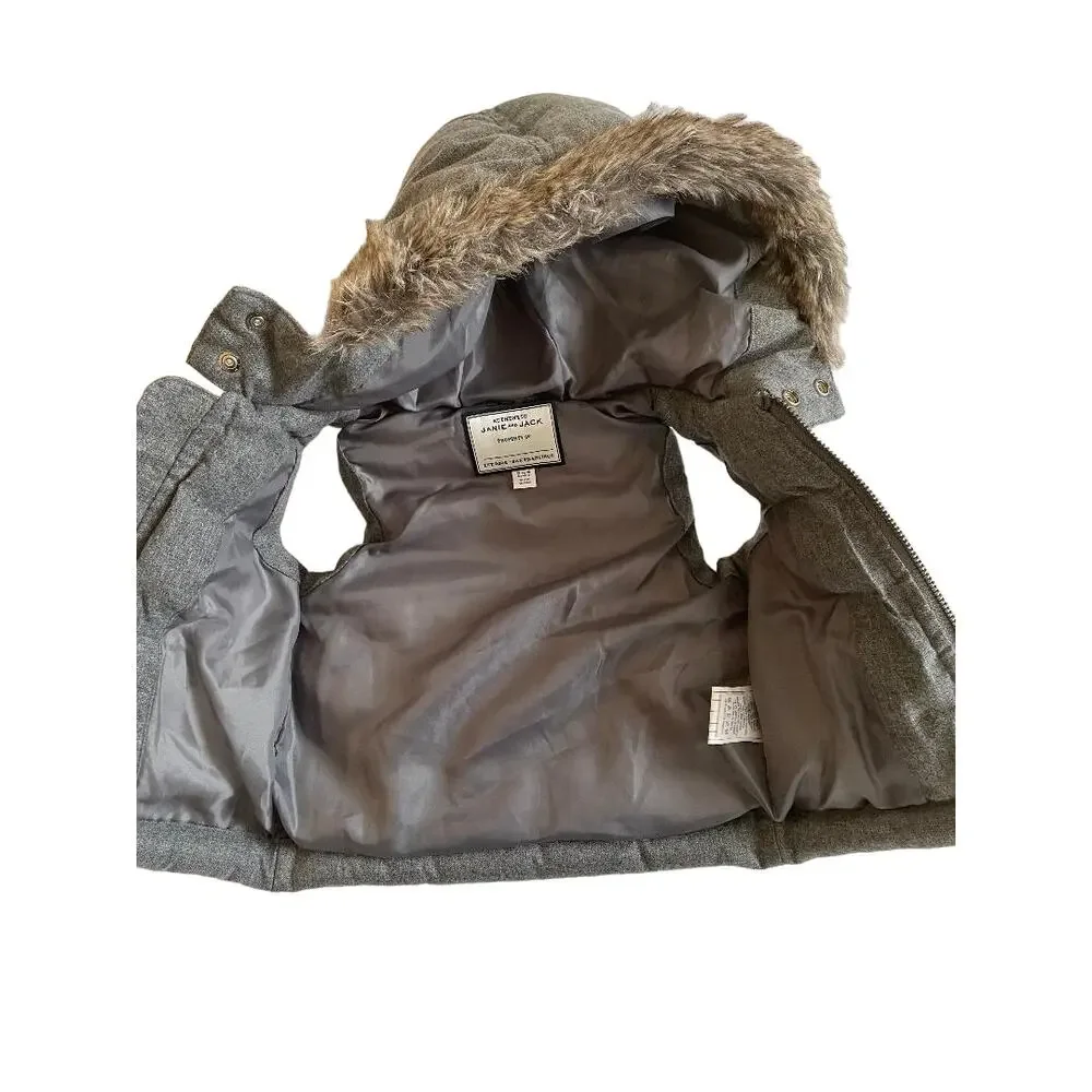 Kids Gray Quilted Hooded Vest Faux Fur Trim‎ Puffer Pockets Zipper Closure 3-6M